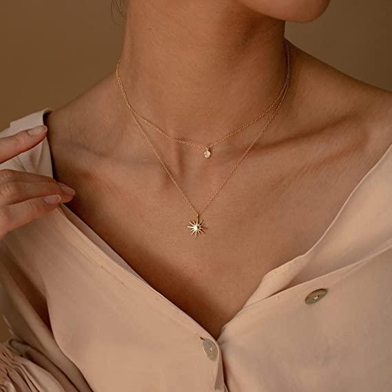 Layered Star with CZ Pendant Necklace