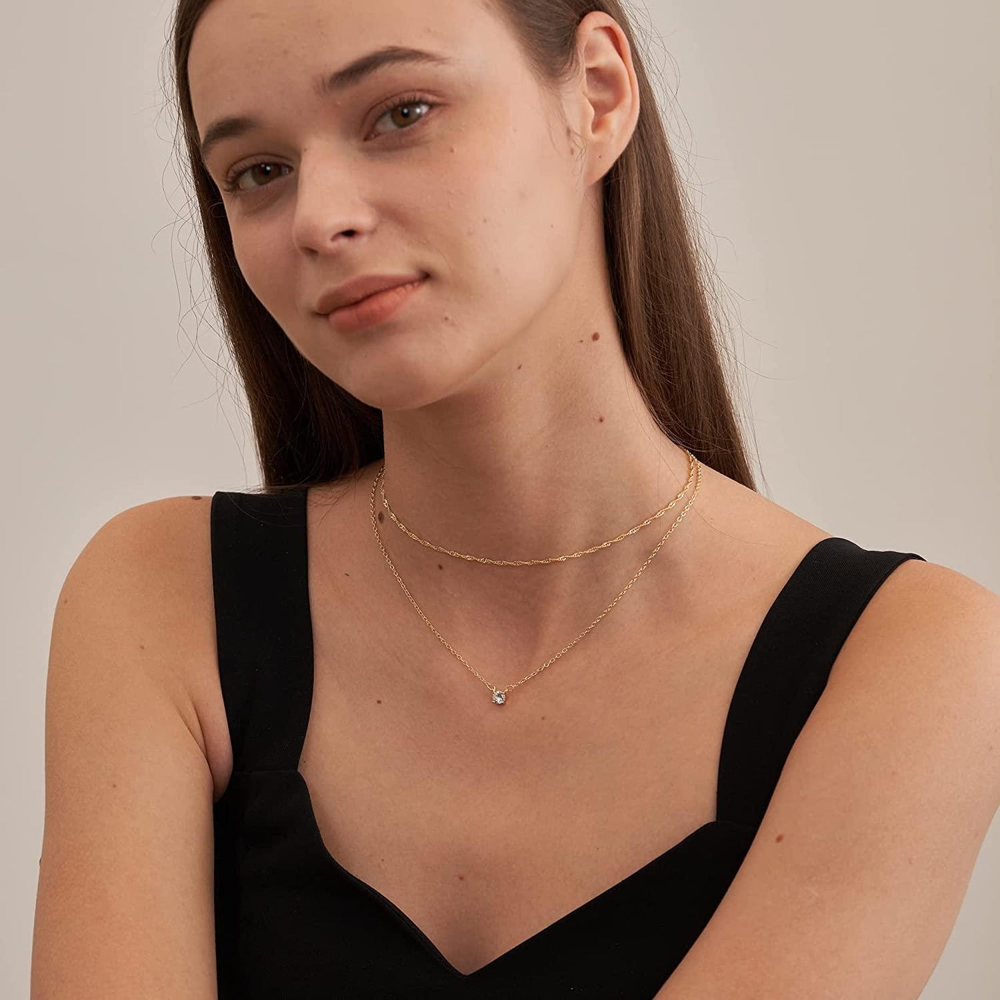 Simple Layered CZ Diamond Gold Necklace