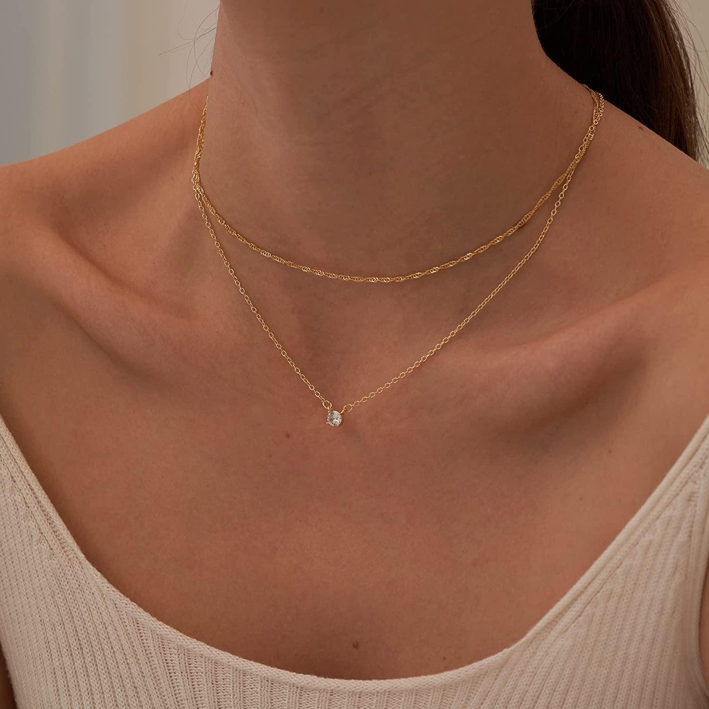 Simple Layered CZ Diamond Gold Necklace