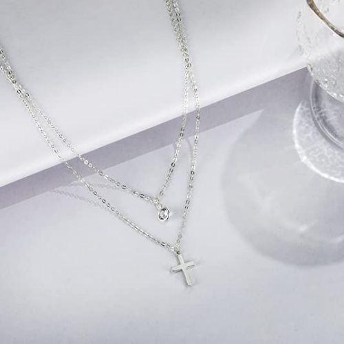 Layered CZ & Cross Pendant Necklace