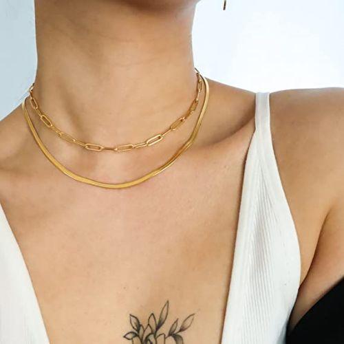 Layered Paperclip Choker with Herringbone Necklace