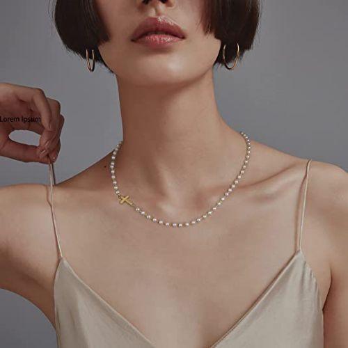 Sideway Cross Pearl Choker Necklace
