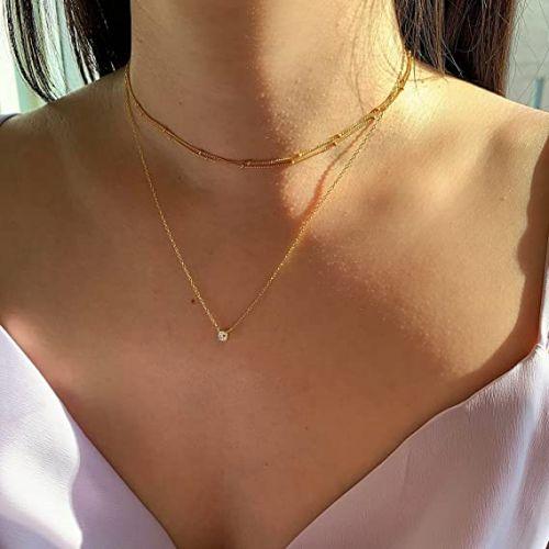 Layered Beads Choker with CZ Pendant Necklace