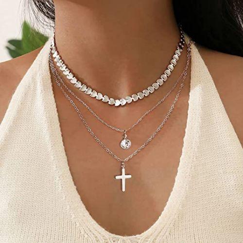 Layered CZ & Cross Pendant Necklace