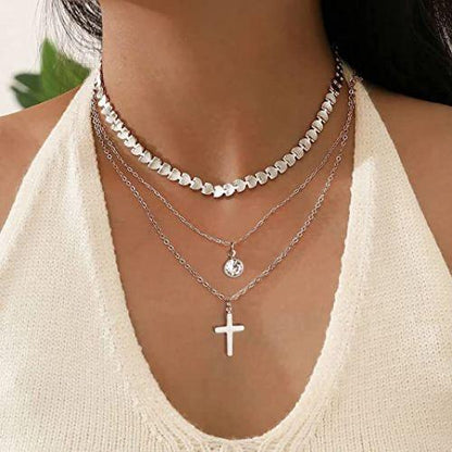 Layered CZ & Cross Pendant Necklace