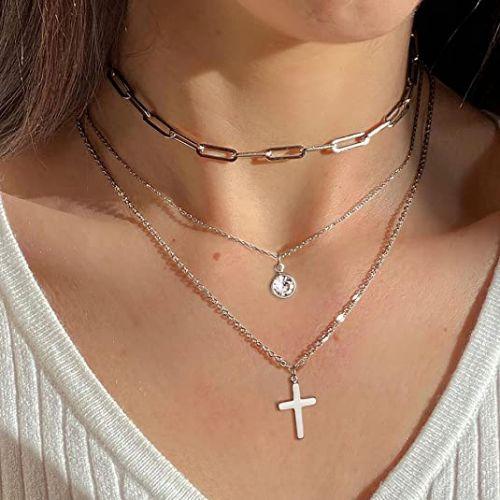 Layered CZ & Cross Pendant Necklace
