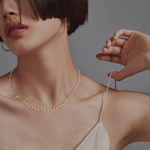 Sideway Cross Pearl Choker Necklace
